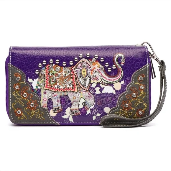 Purple Western Style Studded Wallet Bohemian Elephant Double Zipper Wristlet New - Picture 1 of 11